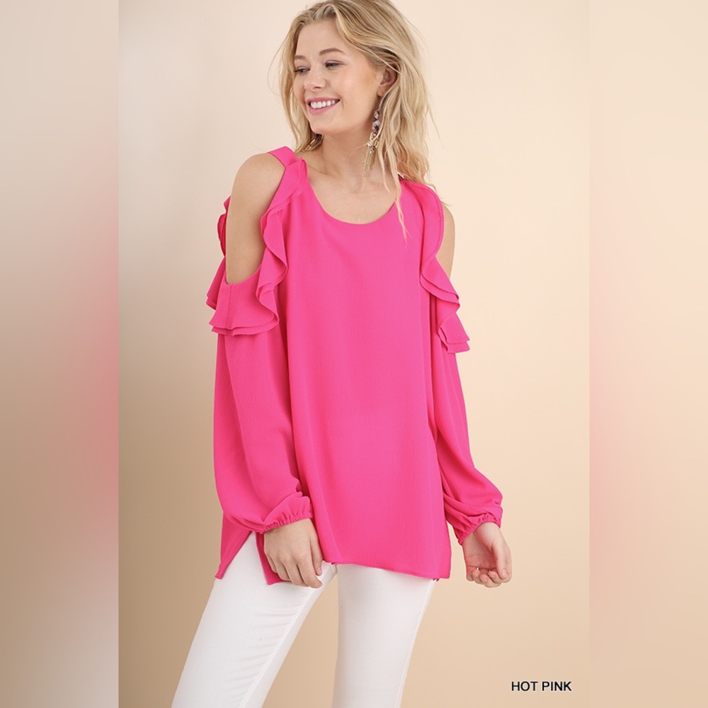 UMGEE Puff Sleeve Top with Open Ruffled Shoulders and Side Slits- Hot Pink